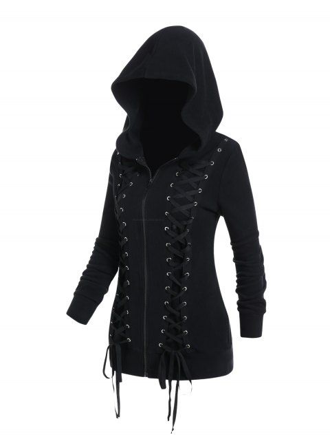 Veste à capuche à lacets et œillets floqués Veste gothique zippée avec capuche