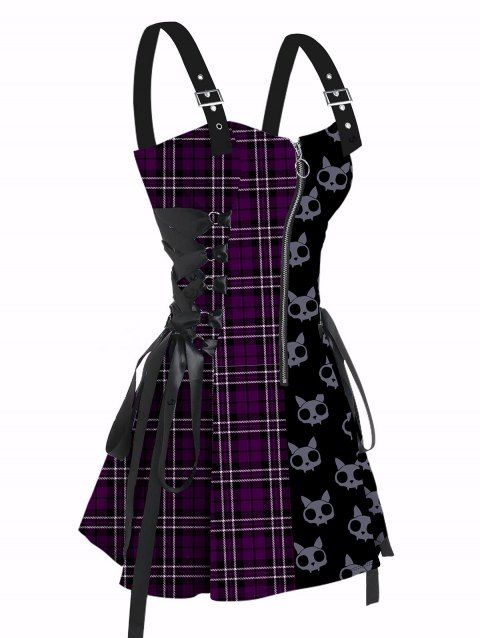 Robe gothique à carreaux et imprimé têtes de mort, mini-robe à lacets et bretelles à boucle pour Halloween