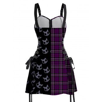 Plaid Skulls Print Gothic Dress Lace Up Buckle Strap Mini Dress for Halloween