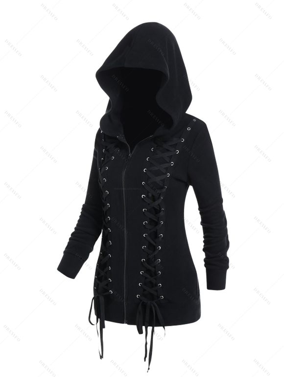 Veste à capuche à lacets et œillets floqués Veste gothique zippée avec capuche - Noir L