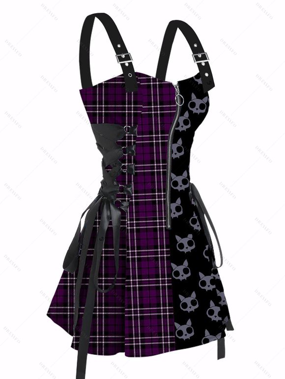 Robe gothique à carreaux et imprimé têtes de mort, mini-robe à lacets et bretelles à boucle pour Halloween - Violet Terne XXL | US 14