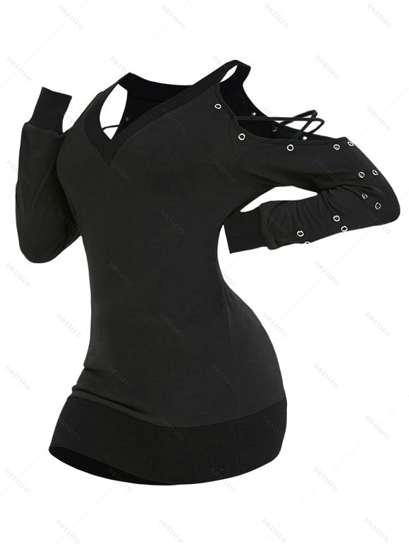 T-shirt Croisé à Epaule Ouverte à Œillets - Noir L
