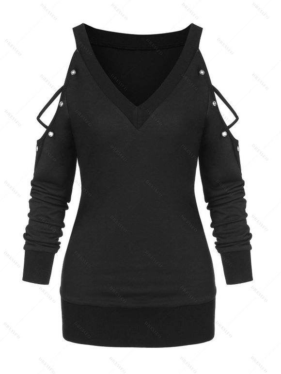 T-shirt Croisé à Epaule Ouverte à Œillets - Noir L