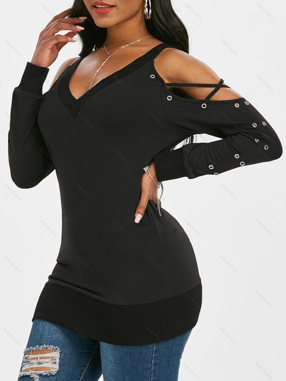 T-shirt Croisé à Epaule Ouverte à Œillets - Noir L