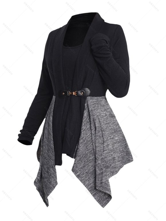 Haut Drapé Tricoté Asymétrique Bicolore à Manches Longues Faux Deux Pièces - Noir XL