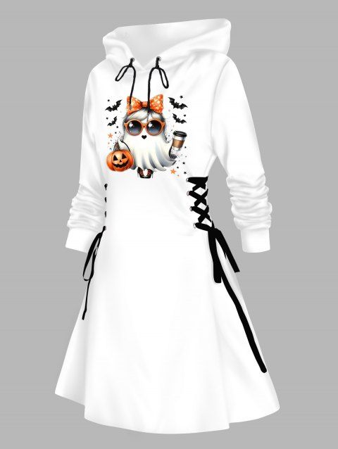 Robe à capuche d'Halloween avec nœud papillon fantôme, imprimé citrouille et chauve-souris, à lacets et cordons de serrage