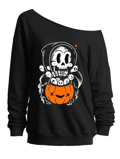 Sweat-shirt d'Halloween à col incliné avec imprimé crâne, fantôme et citrouille