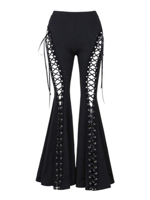Pantalon évasé à lacets de couleur unie, pantalon long ajouré à taille élastique