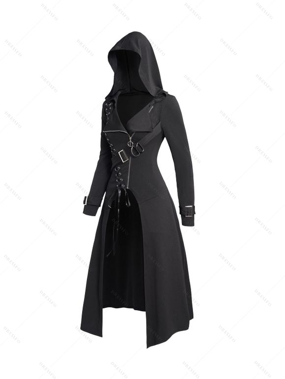 Punk Gothic Hooded Coat and Buckle Grommet Waist Long Pants Outfit - Noir S | US 4