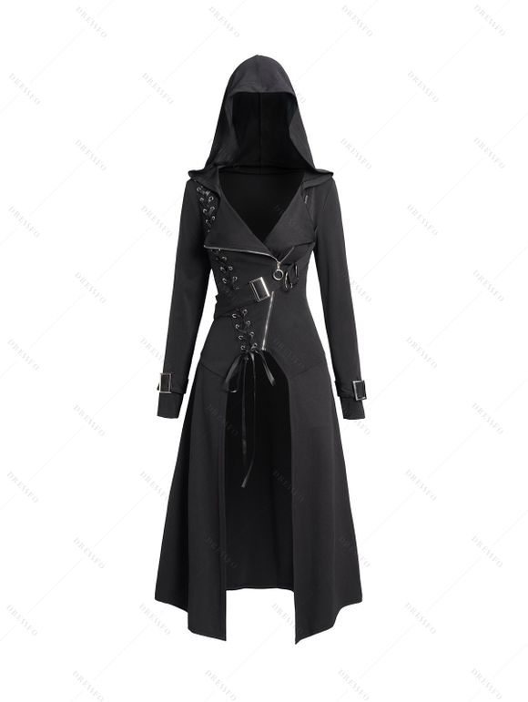 Punk Gothic Hooded Coat and Buckle Grommet Waist Long Pants Outfit - Noir S | US 4