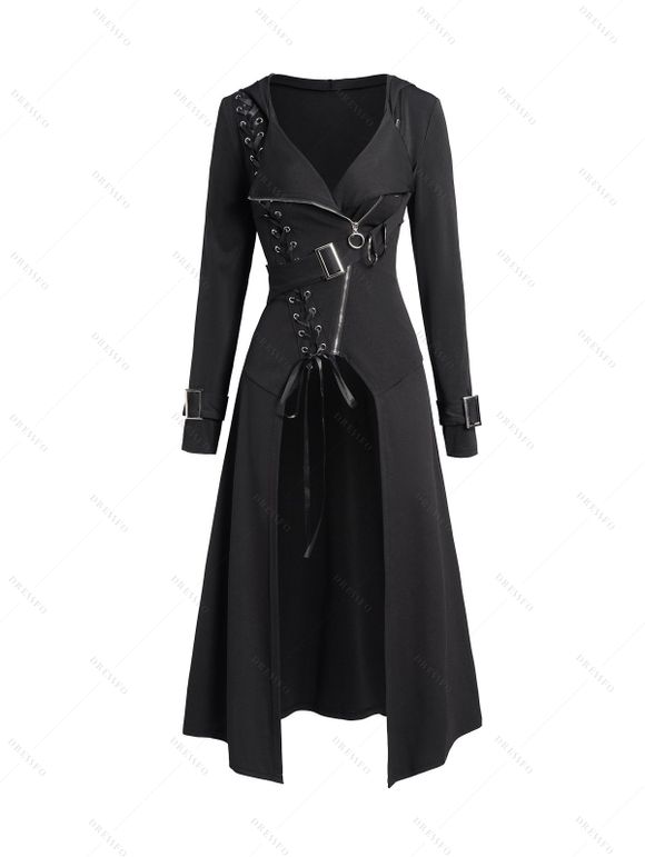 Punk Gothic Hooded Coat and Buckle Grommet Waist Long Pants Outfit - Noir S | US 4