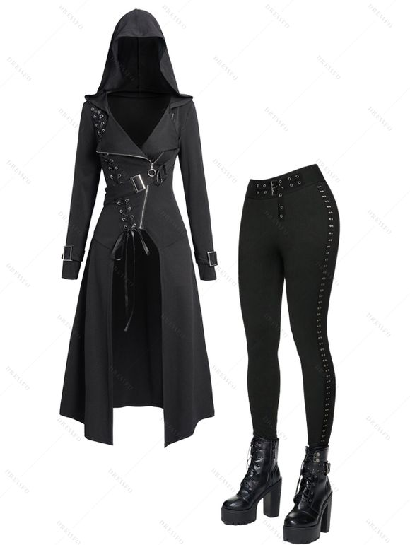 Punk Gothic Hooded Coat and Buckle Grommet Waist Long Pants Outfit - Noir S | US 4