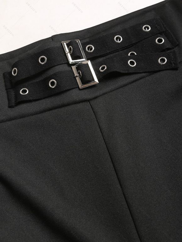 Punk Gothic Hooded Coat and Buckle Grommet Waist Long Pants Outfit - Noir S | US 4