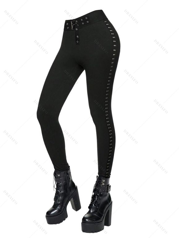 Punk Gothic Hooded Coat and Buckle Grommet Waist Long Pants Outfit - Noir S | US 4