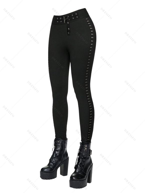 Punk Gothic Hooded Coat and Buckle Grommet Waist Long Pants Outfit - Noir S | US 4