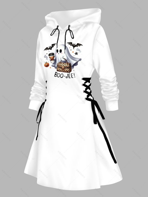 Robe à capuche d'Halloween mignonne, imprimé fantôme, citrouille, chauve-souris, mini-robe à lacets et cordons de serrage - Blanc XXL | US 14
