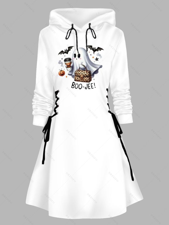 Robe à capuche d'Halloween mignonne, imprimé fantôme, citrouille, chauve-souris, mini-robe à lacets et cordons de serrage - Blanc XXL | US 14