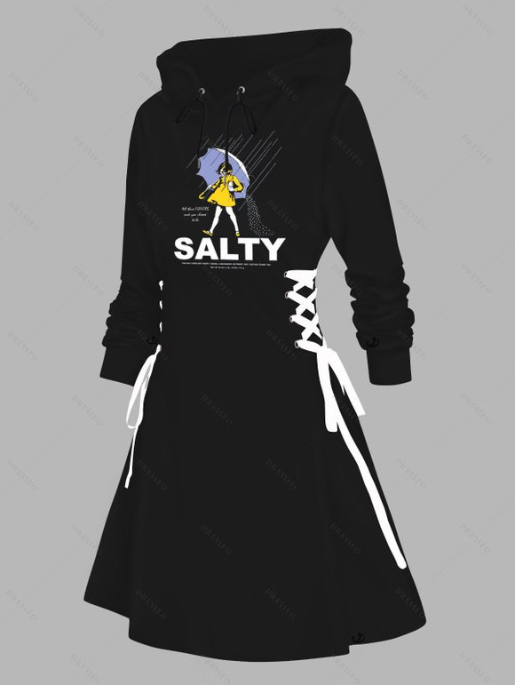 Robe à capuche imprimée fille avec parapluie, mini-robe à lacets et cordons de serrage - Noir XXL | US 14