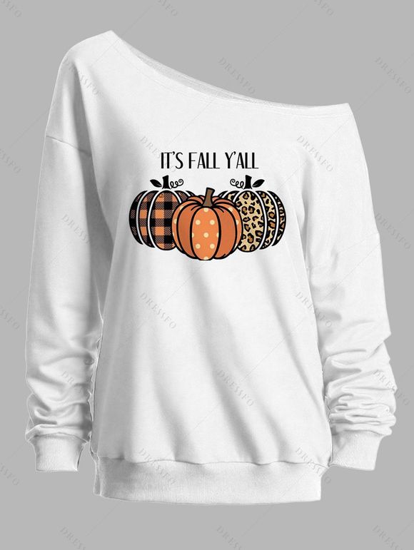 Sweat-shirt d'Halloween à carreaux léopard, pois, citrouille, imprimé lettres, col incliné - Blanc XXL | US 14