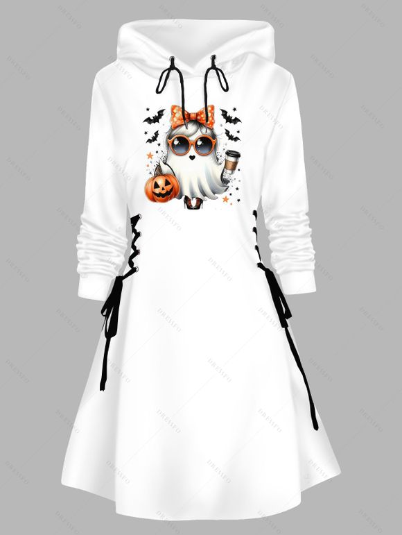 Robe à capuche d'Halloween avec nœud papillon fantôme, imprimé citrouille et chauve-souris, à lacets et cordons de serrage - Blanc XXL | US 14