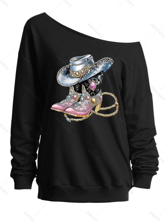 Sweat-shirt imprimé chapeau de cowboy à paillettes et sandales à col oblique - Noir XXL | US 14