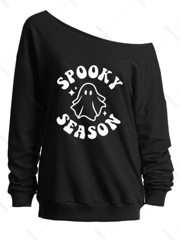 Sweat-shirt d'Halloween mignon avec imprimé de lettres fantômes et col incliné - Noir XXL | US 14