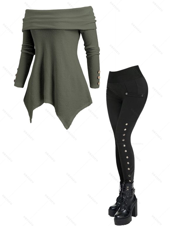 Women Outfit Textured Off the Shoulder Top and Lace Up Flare Pants Set - Vert Armée S | US 4