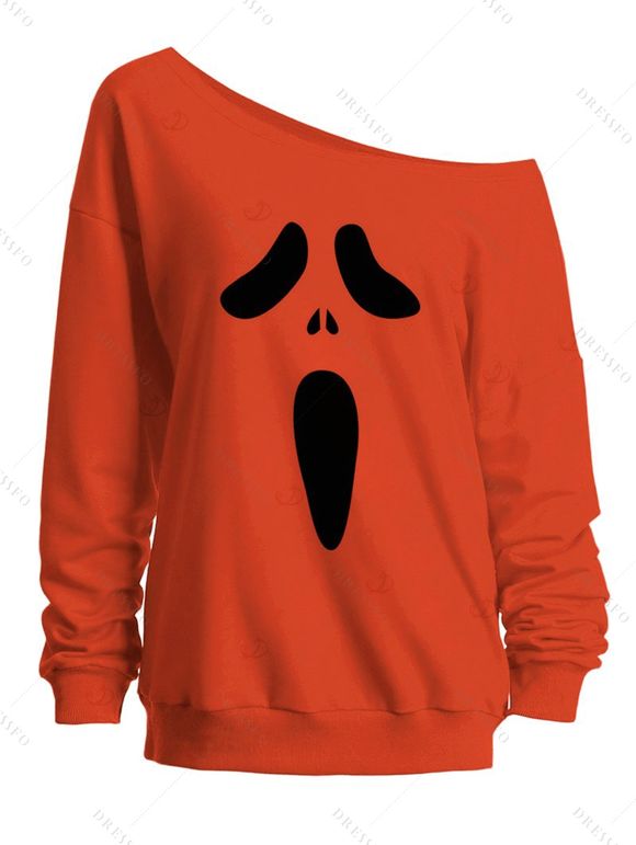 Sweat-shirt gothique à col oblique et imprimé grimace pour Halloween - Orange XL | US 12