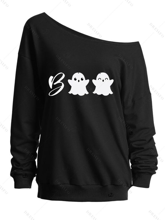 Sweat-shirt mignon pour Halloween, imprimé lettres fantômes, col incliné - Noir XXL | US 14