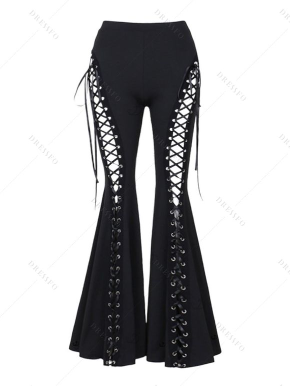 Pantalon évasé à lacets de couleur unie, pantalon long ajouré à taille élastique - Noir XL | US 10