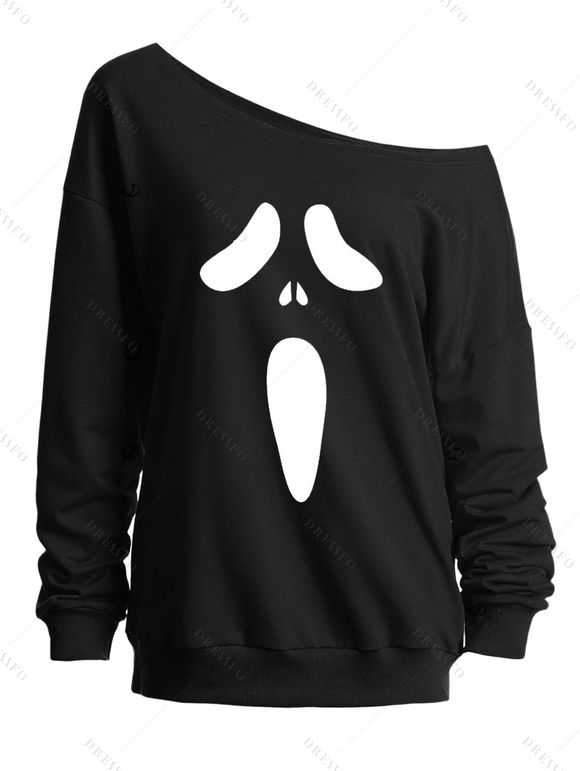 Sweat-shirt gothique à col oblique et imprimé grimace pour Halloween - Noir XL | US 12