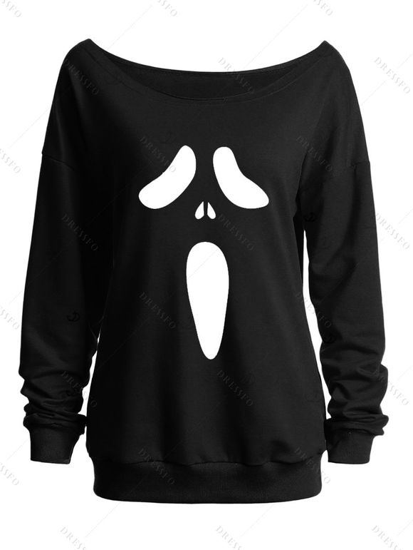Sweat-shirt gothique à col oblique et imprimé grimace pour Halloween - Noir L | US 8-10