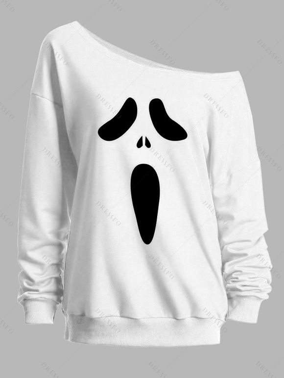 Sweat-shirt gothique à col oblique et imprimé grimace pour Halloween - Blanc XXL | US 14