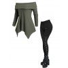 Women Outfit Textured Off the Shoulder Top and Lace Up Flare Pants Set - Vert Armée S | US 4