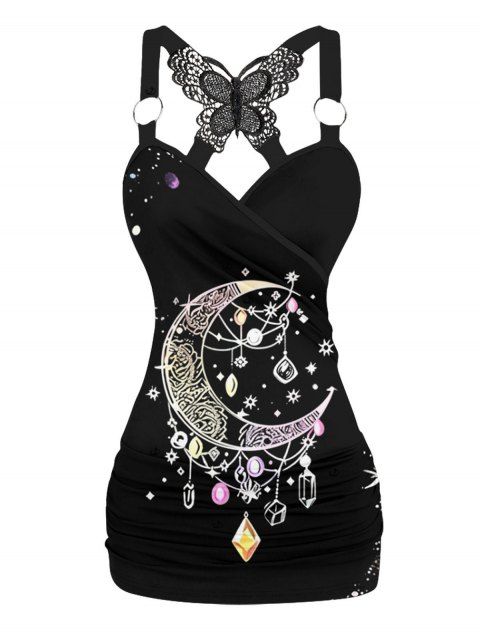 Débardeur long froncé en dentelle à imprimé papillon et pierres précieuses lunaires