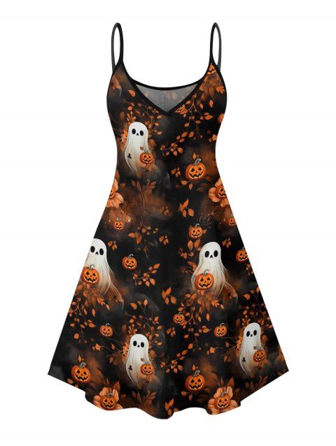 Robe d'Halloween à imprimé fantôme et citrouille, mini-robe à bretelles spaghetti