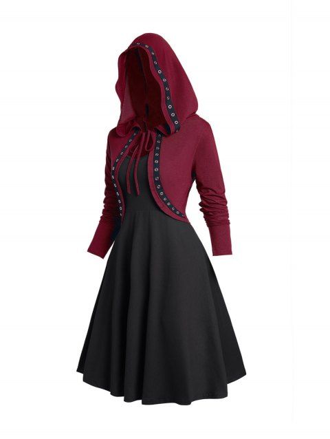 Ensemble haut à capuche gothique à œillets et robe caraco trapèze sans manches de couleur unie