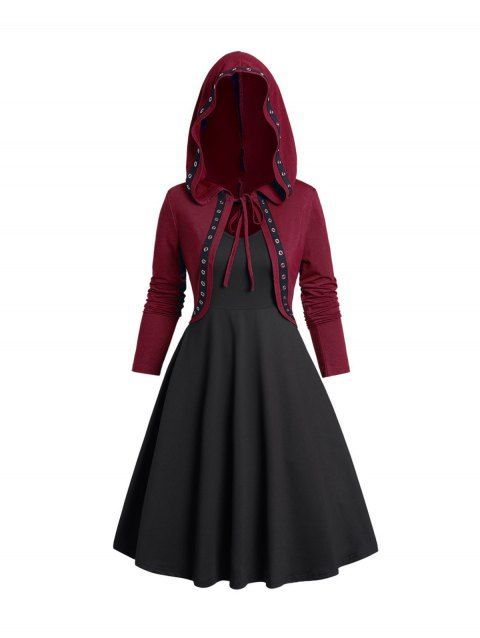 Ensemble haut à capuche gothique à œillets et robe caraco trapèze sans manches de couleur unie