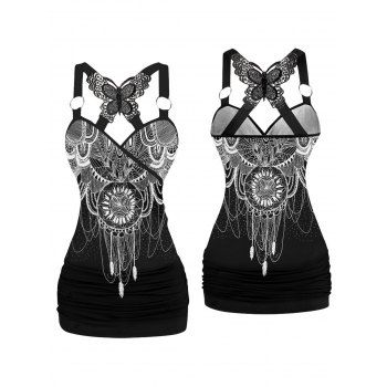 Geometric Print Butterfly Lace Tank Top Ruched Surplice Long Top