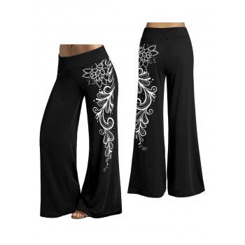 Floral Print Wide Leg Pants Elastic Waist Long Pants