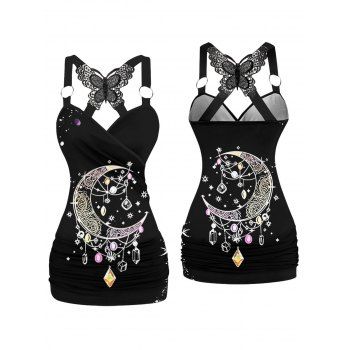 Moon Gem Printed Butterfly Lace Tank Top Ruched Long Top