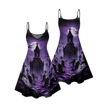 Halloween Night Cross Print Gothic Dress Spaghetti Strap Mini Dress
