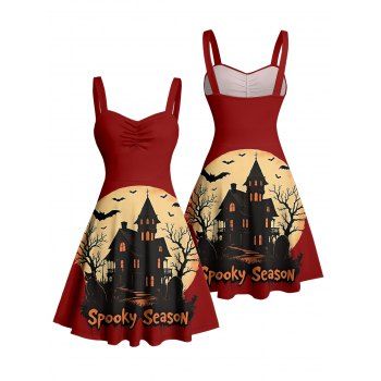 Halloween Dress Colorblock Bat Letter Print Ruched Mini Dress