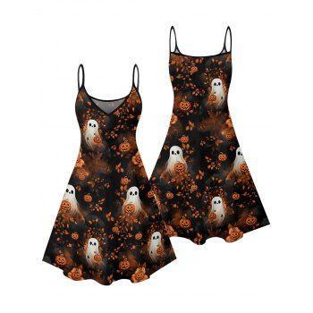 Ghost with Pumpkin Print Halloween Dress Spaghetti Strap Mini Dress