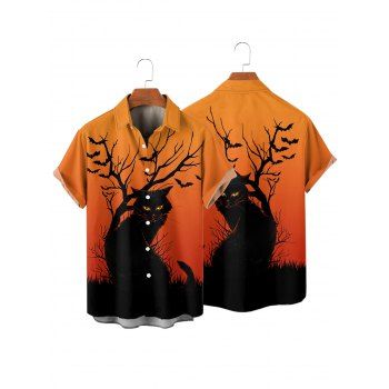 Men's Halloween Shirt Black Cat Tree Branches Print Button Up Shirt