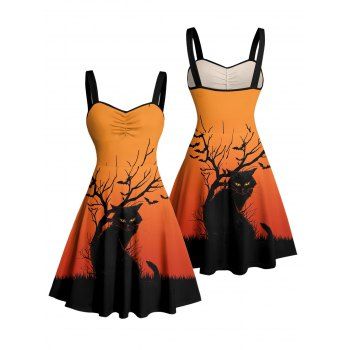 Halloween Dress Black Cat Tree Branches Print Ruched Mini Dress