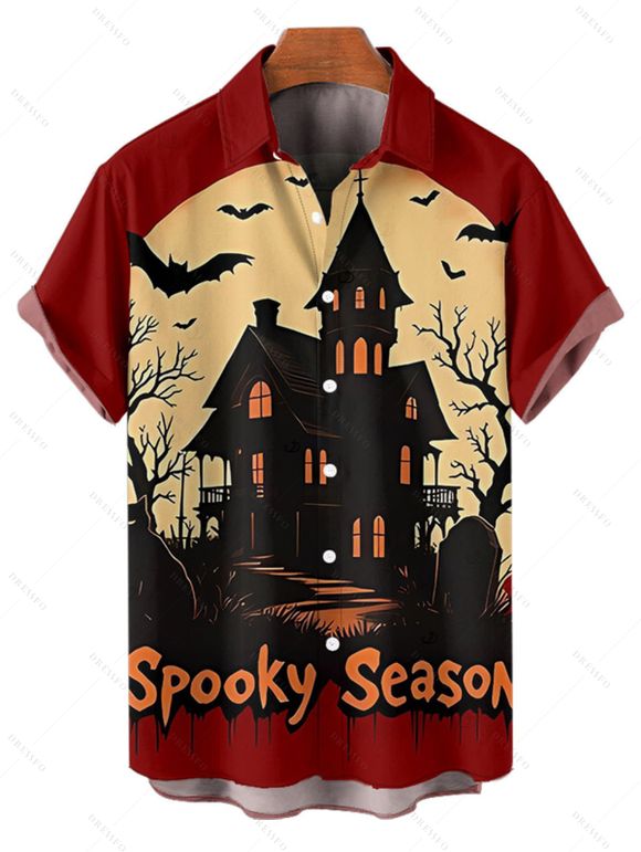 Chemise d'Halloween pour homme, boutonnée, motif chauve-souris et lettres colorées - Rouge Vineux 5XL