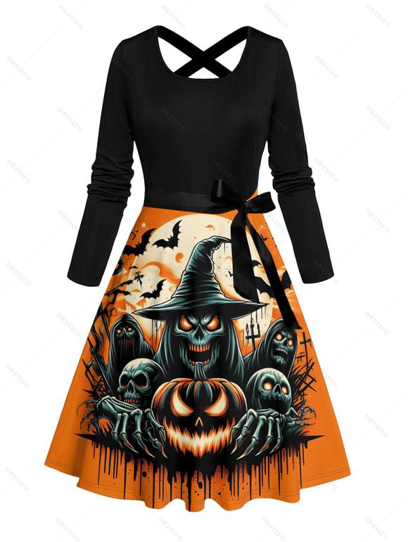 Robe gothique d'Halloween à imprimé citrouille, fantôme, chauve-souris, croisée, ceinture - Orange XXXL | US 16