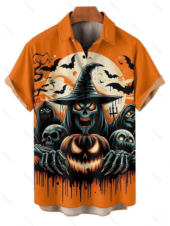 Chemise gothique d'Halloween pour homme, boutonnée, imprimé citrouille, fantôme, chauve-souris - Orange 2XL