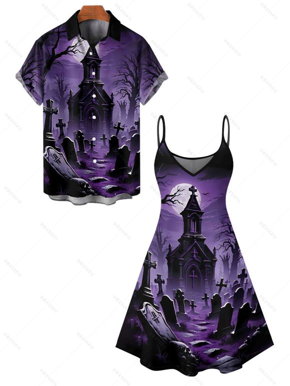Gothic Couple Outfit Halloween Night Cross Print Mini Dress and Shirt Set - Concorde S | US 4